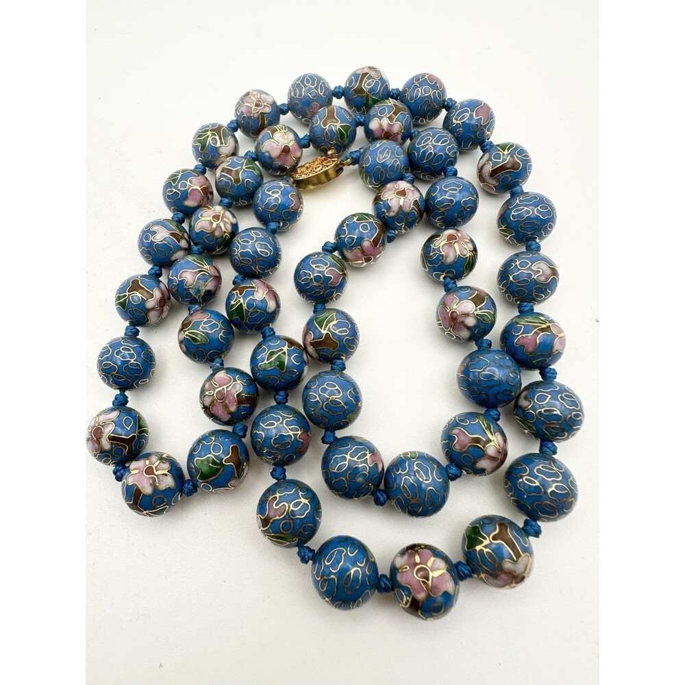 CHINESE EXPORT HAND KNOTTED CLOISONNE BEAD BALL NECKLACE 29”